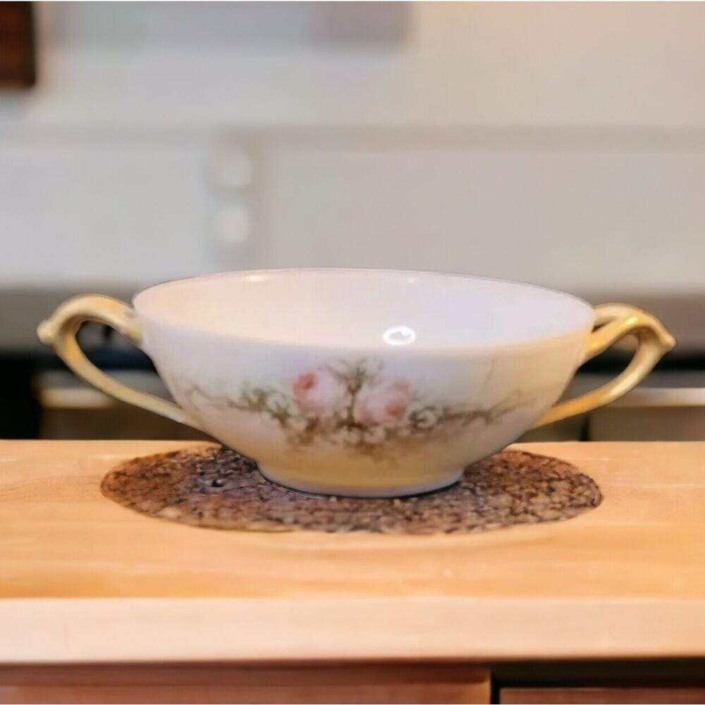 Favorite Bavaria Hand-Painted 4.5" Two-Handle Tea Cup, Pink Flowers Gold Accents